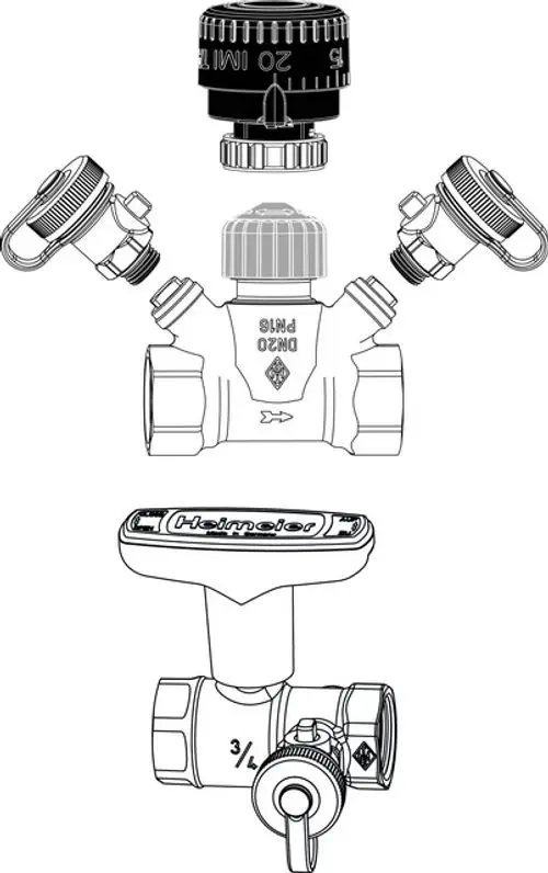 Schema eines Strangventils mit Handrad, Entleerung und Anschlussdetails, hergestellt von IMI Hydronic Engineering, um eine kontrollierte Wasserableitung zu ermöglichen.